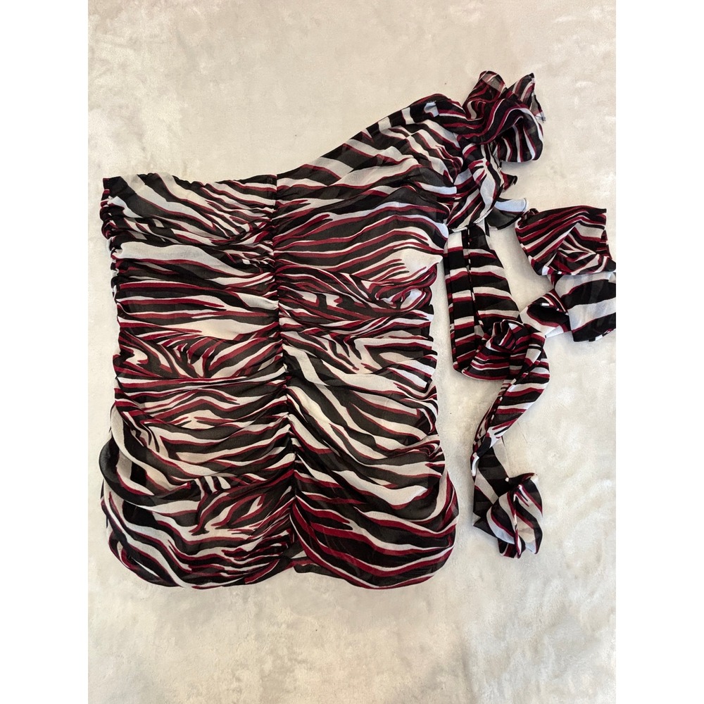 Express Zebra Print One Shoulder Ruched Tie Top Red Black White Medium